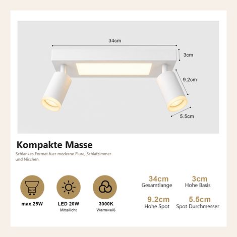 GBLY Deckenleuchte Led Deckenstrahler GU10 2 Flammig - Deckenlampe Weiß 3000k Warmweiß 20W Schlafzimmerlampe Schwenkbar 350° Deckenspot für Küche Esszimmer Flur Korridor