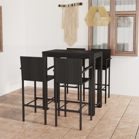 Ensemble Table de bar + 4 Chaises de bar de jardin - Table Haute avec 4 Tabourets avec accoudoirs Résine tressée Noir BV164160 - BonneVie (1/5)