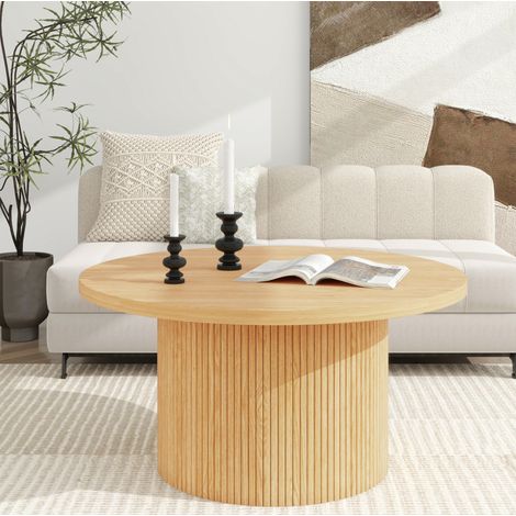 Tavolino da caffè rotondo 90x90x45 cm, piano con venature del legno, base a strisce verticali, legno massello e MDF, naturale (1/5)