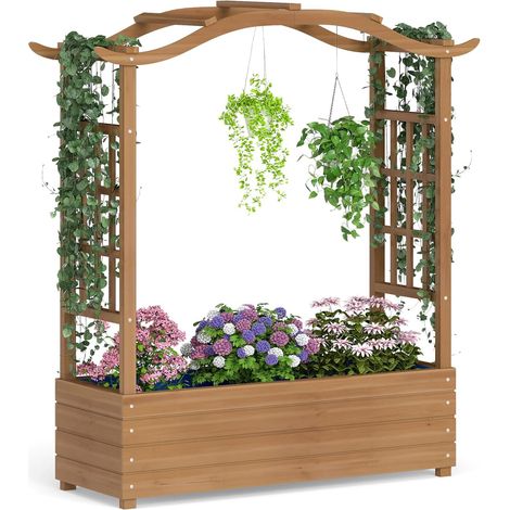 COSTWAY Letto da Giardino Rialzato, Fioriera in Legno con Tetto Sospeso, 2 Tralicci Laterali, Contenitore Inferiore, per Fiori, Verdure e Piante Rampicanti, Aiuola Elevata per Giardino e Terrazzo (1/5)