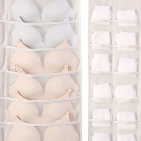 Organisateur de soutiens-gorge suspendu en tissu Oxford, double face respirant, grande capacité, rangement sous-vêtements pour soutiens-gorge et chaussettes, beige, 12 compartiments devant, 24 derrièr