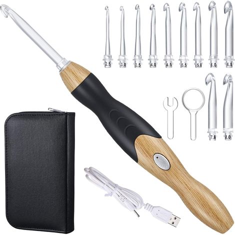 11-teiliges Set leuchtender Häkelnadeln – wiederaufladbar mit Etui, austauschbare Köpfe von 2,5 mm bis 8 mm (Holzfarbe: Schwarz) (1/5)
