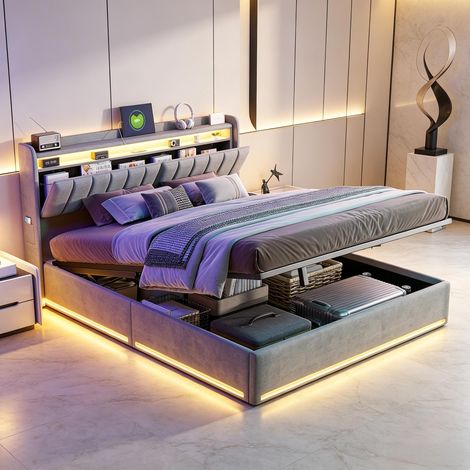 FOERPL-Polsterbett 140 x 200 cm mit Lattenrost, Bett 140 x 200 cm mit Stauraum, LED-Beleuchtung und USB-Anschlüssen, Doppelbett 140 x 200 cm mit Kopfteil und mit Lattenrost Polsterbetten