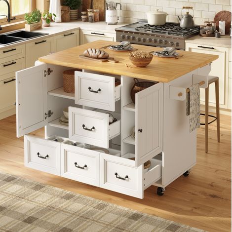 Carrito de cocina 140x73x93 cm con 2 puertas, 5 cajones, bandeja plegable, estantes ajustables, toallero, especiero, en MDF, blanco (1/5)