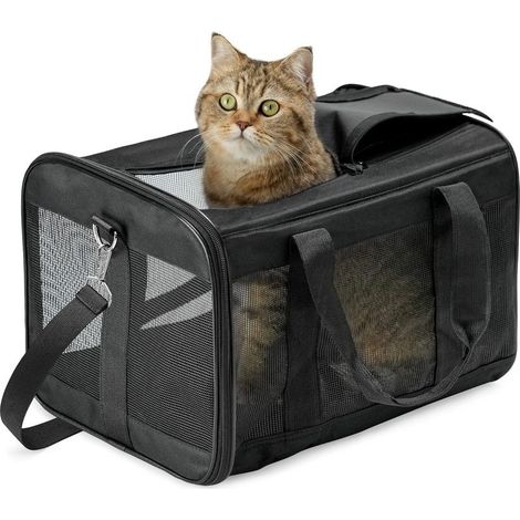 Sac De Transport Chat/Sac De Transport Chien pour Chats, Petits Chiens, Chatons Ou Chiots, Souple et Pliable avec Tapis en Laine pour Voyage en Avion, Voiture et Train Noir (1/5)