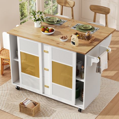 Isla de cocina 146,9/70/90 cm blanca con tablero abatible y ruedas (1/5)