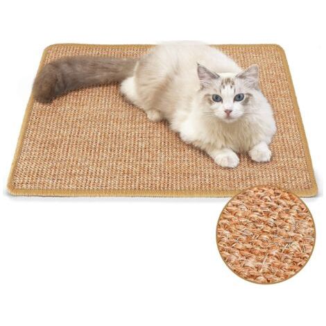 Tapis griffoir pour chat, 60 x 40 cm, en sisal naturel, horizontal, avec bandes adhésives, protège canapé et tapis. (1/4)