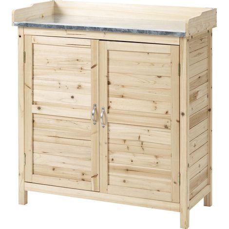 Armario de jardín de madera natural con encimera galvanizada y doble puerta (1/5)
