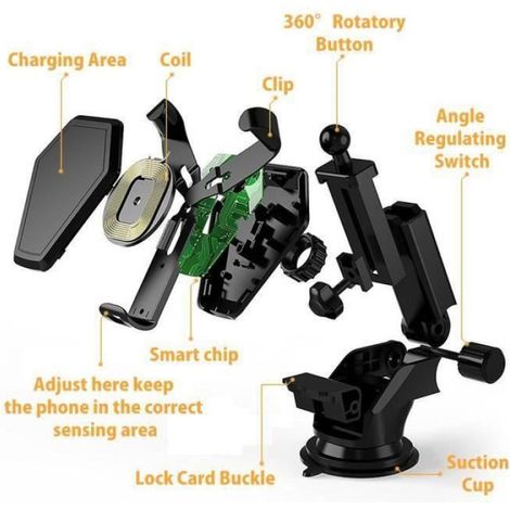Qi Chargeur Téléphone de voiture sans fil rapide,Support Voiture Rotation à 360° pour Samsung Note 8/S8 plus/S8, iPhone X/XS/8 Plus (1/4)