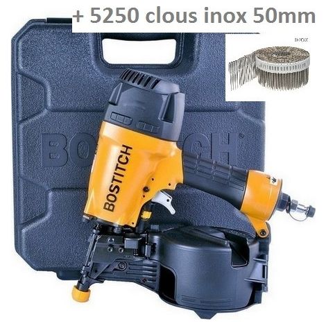 Cloueur pneumatique Bostitch N66C-2-E – Lot de 5250 clous inox 2,3 x 50 mm – Réglage de profondeur – Pour bardage bois et PVC