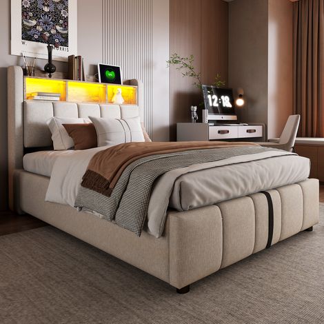 Lit 1 place 90x200 cm, sommier relevable hydraulique, tête de lit à étagères avec port USB et éclairage LED, rangement intégré, tissu lin beige, literie enfant (1/5)