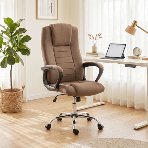 Chaise de bureau ergonomique inclinable et pivotante en tissu effet lin, avec appui-tête, couleur marron (1/5)