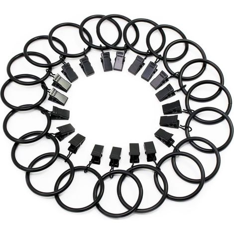 Lot de 20 anneaux rideau clips 38 mm, métal noir, tringle 33 mm, occultant, douche, fenêtre, suspension (1/5)