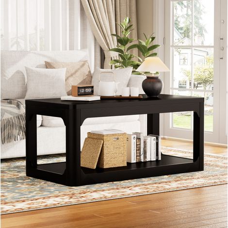 Mesa de centro (100x50x44.5 cm), con dos niveles de almacenaje, diseño moderno minimalista, MDF, negro (1/5)