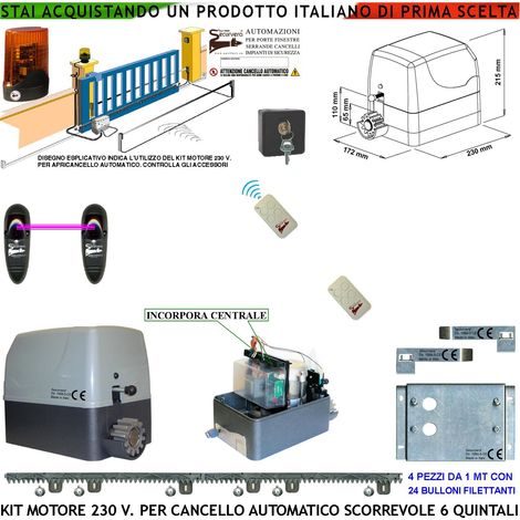 Kit Automatismo Cancello Scorrevole da 6 Q.li Motore 230 V Con Centrale 2 Radiocomando Faro Fotocellula Selettore Cremagliera 4 Metri in Nylon Fine Corsa Accessori Fissaggio Condensatore Pignone Z12