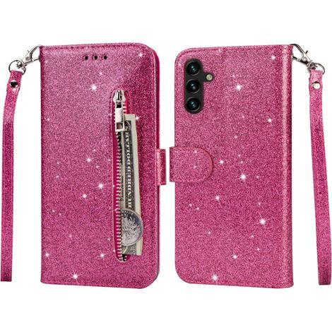 Funda tipo libro para Samsung Galaxy A35 5G, con bolsillo tipo cartera con cremallera y purpurina, color rosa. (1/5)