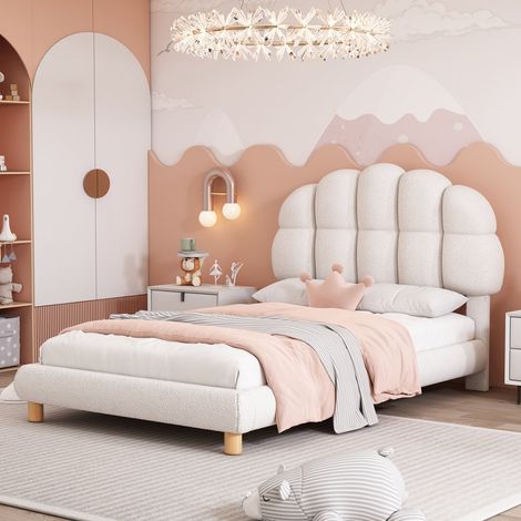 Lit enfant 90 x 200 cm avec Sommier à lattes inclus,Pieds en Bois Massif,Tête de Lit Réglable en Hauteur,Lit Ado,Teddy Velours Blanc (1/5)