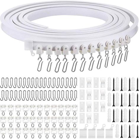 Rail De Rideau Plafonnier Flexible - 5 M - Pour Stores Courbes Et Diviseurs De Pièce - Fixation Au Plafond - Avec Crochets Métalliques Et Supports Réglables