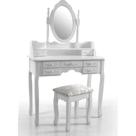 Elegante Schminkkonsole mit Hocker, 90 x 40 x 77/146 cm, weiß matt, 7 Schubladen, ovaler Spiegel