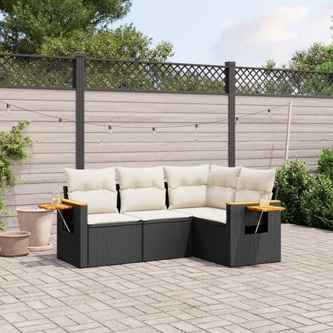 Salon de Jardin 4 Places en Résine Tressée Noir avec Coussins Blanc Crème, Modulaire avec Table d'Appoint Pliable (1/4)