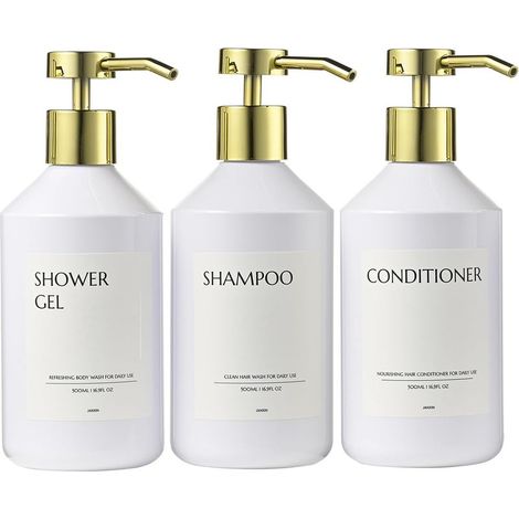 Soap Dispensers, 500 ml, Shampoo and Shower Gel Dispenser, Empty Pump Bottle, Shower Soap Dispenser, Suitable for Kitchen, Bathroom (White Bottle + Gold Head) (1/5)