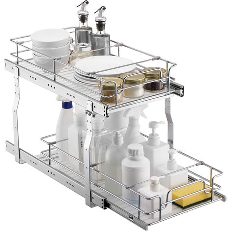 Organisateur de placard coulissant 12"Lx21"Px15"H, étagères robustes en acier, tiroirs coulissants pour rangement sous évier, installation 13,5"Lx22"Px18"H. (1/5)