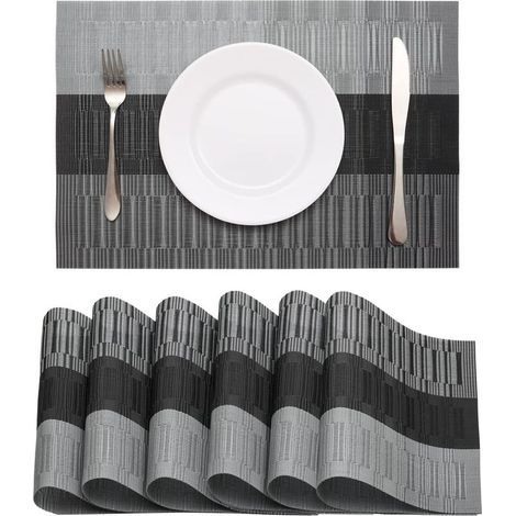 Lot de 6 sets de table en PVC lavables – Antidérapants, résistants à la chaleur jusqu'à 80°C – 45x30cm (Noir-Gris) – Faciles à nettoyer (1/5)