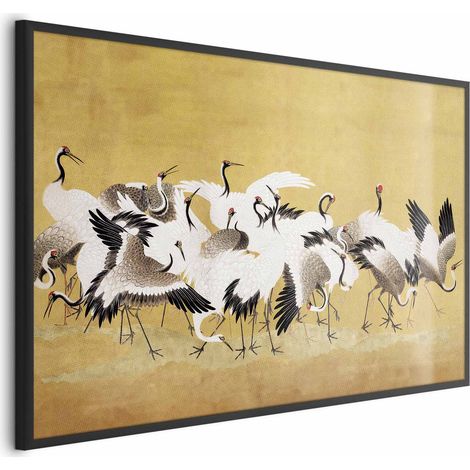 Poster – Japanische Kraniche – ein Vogelschwarm auf goldfarbenem Hintergrund, basierend auf einem Gemälde von Ishida Yūtei (1/4)
