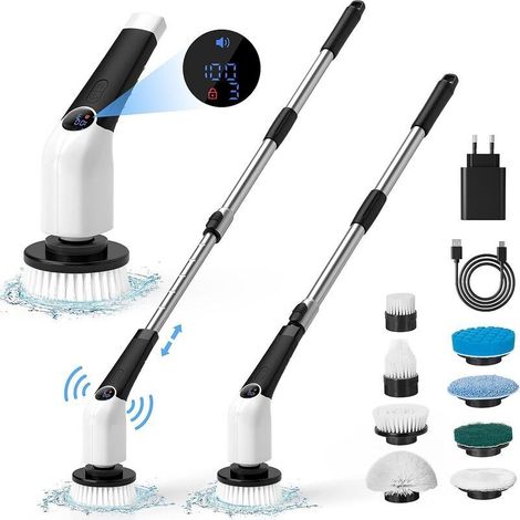 Rotating Electric Cleaning Brush, Voice Prompt Cordless Drill Brush with 8 Brush Heads, Electric Spin Scrubber with 137cm Adjustable Handle for Bathroom and Kitchen (1/5)