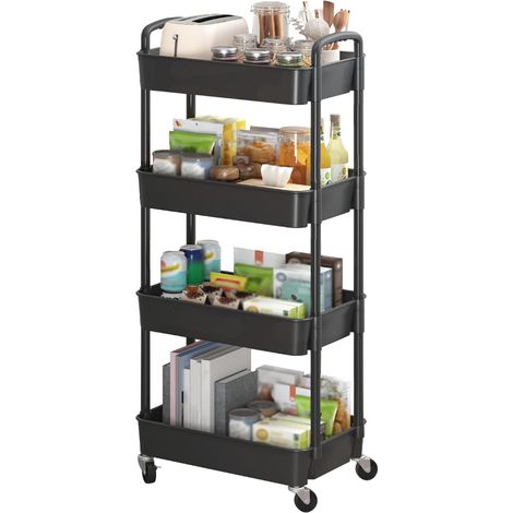 Carrito rodante de plástico, carrito de almacenamiento multifuncional, oficina, sala de estar, cocina, caja de almacenamiento móvil con ruedas, 39 x 29 x 104 cm, Negro (1/5)