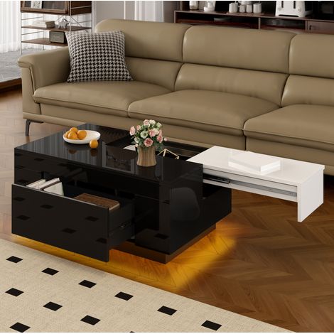Table basse 80x50x35.5 cm noir et blanc en MDF avec LED RGB et rangement (1/5)