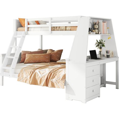 Lit superposé enfant 90 x 200 cm + 140 x 200 cm avec bureau, bibliothèque, grand rangement, garde-corps haut et échelle réversible, blanc - CHICFURN (1/5)