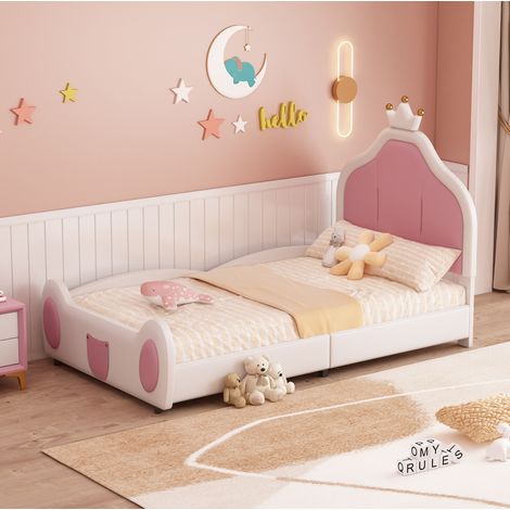 Lit enfant capitonné en simili cuir blanc et rose 90x200 cm, tête de lit couronne, sommier à lattes inclus (1/5)