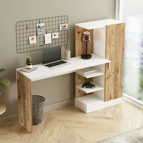 Bureau ado blanc décor bois avec rangement et étagères MARFA