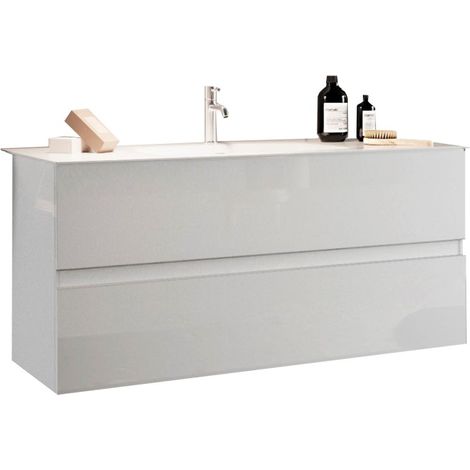 Meuble de salle de bain suspendu avec 1 vasque et 2 tiroirs, longueur 82cm, collection VIENNE. Coloris blanc brillant (1/3)