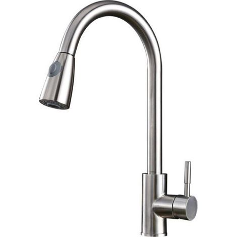 Robinet de cuisine en acier inoxydable 304 acier inoxydable, robinet d'évier extractible, double poignée rétractable - Brossé (1/4)
