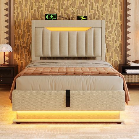 Lit Simple rembourré-tête de lit rangements-USB/Type-C-éclairage LED-hydraulique-beige lin-92x218x112(cm)-Sans matelas (1/5)