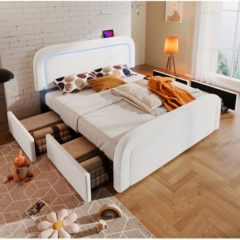 Okwish Lit Coffree 160x200 cm avec USB Type C, LED, 4 tiroirs, Sherpa, blanc (Avec matelas) (1/5)