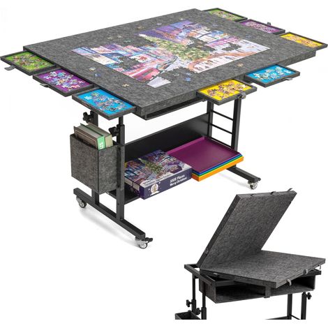 Table de Puzzle Pliable en Feutre de 2000 pièces avec réglage de la Hauteur, Planche de Puzzle pour Adultes avec 2 couvertures et 8 Plateaux de tri/tiroirs, chevalet avec Pieds, fermée avec 4 (1/5)
