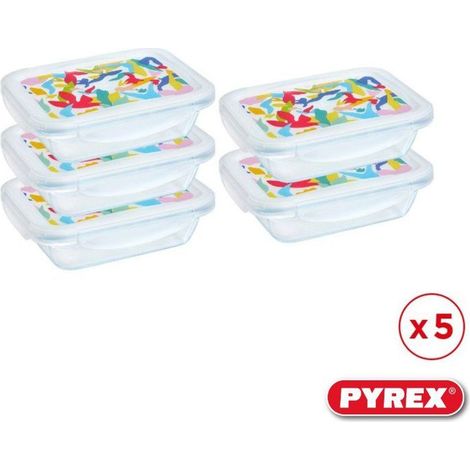 Lunch box - PYREX - Set di 5 scatole in vetro - Rettangolare - Coperchio ermetico - Design astratto - 0.80 L