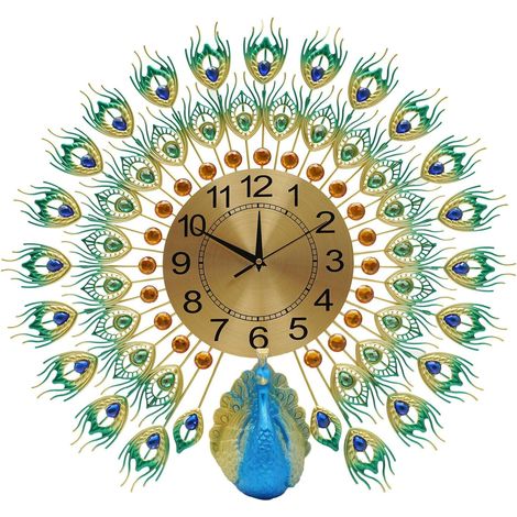 Reloj de pared 3D vintage pavo real Reloj de pared grande silencioso sin tictac sin pila 60 cm Reloj de metal pavo real para salón, dormitorio, cocina Decoración