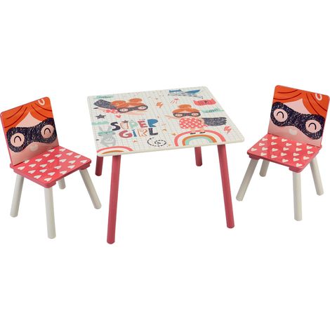 Tavolo GINGER HOME con 2 Sedie SUPER GIRL per Bambini, in Legno, Bianco/Rosa (1/5)