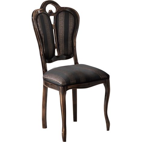 Chaise bois massif marron et assise tissu noir avec motifs dorés Kerla (1/4)