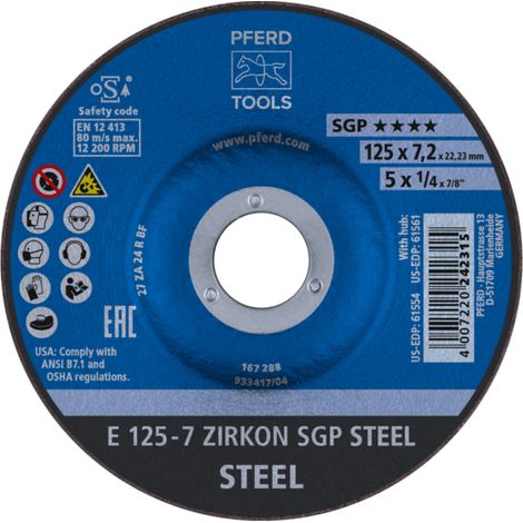 PFERD TOOLS Schruppscheibe E 125x7,2x22,23 mm ZIRKON Speziallinie SGP STEEL für Stahl 10 Stk