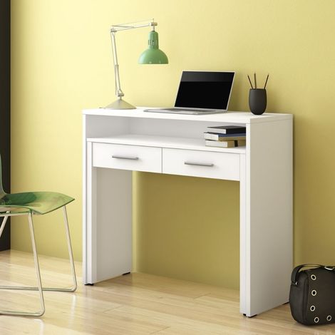 Bureau console avec plateau extractible et 2 tiroirs en blanc - Spixi (1/4)