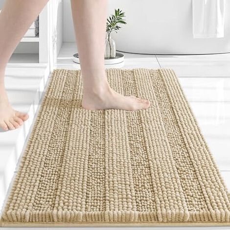 Tapis de bain rayé chenille 61 x 41 cm, extra épais, absorbant, antidérapant et moelleux, lavable en machine, beige (1/5)