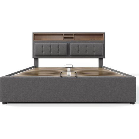 Letto contenitore imbottito in lino grigio 160x200 cm con testiera regolabile, prese USB/Type-C, rete e materasso inclusi (1/5)