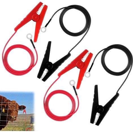 Juego de 4 cables para cercas eléctricas, de color negro y rojo, para una transmisión de energía confiable. Conectores para cercas eléctricas resistentes a la rotura. Cables duraderos con abrazaderas. (1/5)