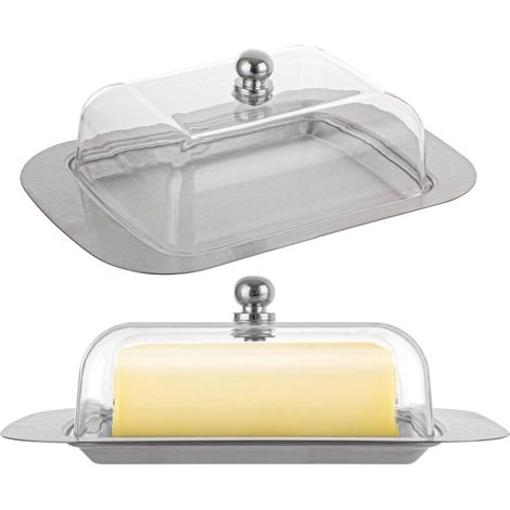 Beurrier en acier inoxydable avec couvercle transparent et poignée - 18,5 x 12,2 x 6,7 cm - Bol à dessert - Boîte à pain au fromage avec couvercle - Récipient (1/5)