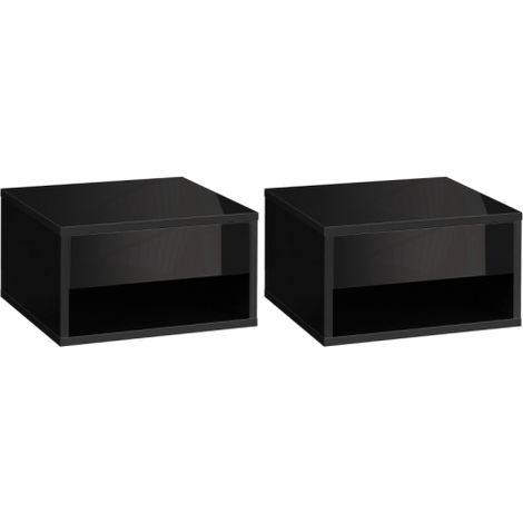 Set of 2 Wall Mounted Bedside Tables with Drawer and Shelf, High Gloss Black Nightstands for Bedroom, 37 x 32 x 21cm (1/5)